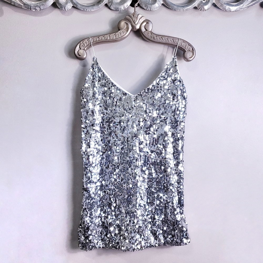 NEW Silver Sequin Mini Dress Spaghetti Strap V Neck Formal Short - Picture 3 of 10